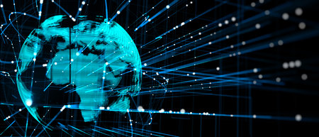 Global technologies concept with glowing digital world map globe on abstract dark background with...