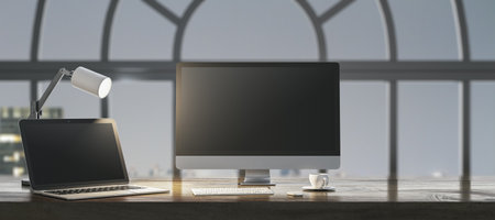 Close up of night designer table with empty laptop computer screens, coffee cup and keyboard on wooden desktop and window with city view background. Mockup, 3D Renderingの写真素材