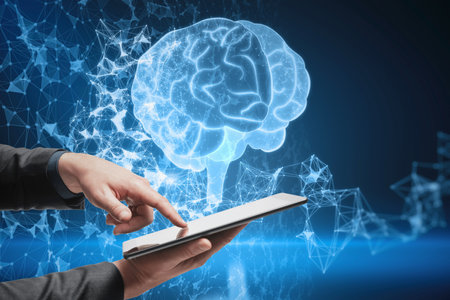 Close up of businessman hand pointing at cellphone with abstract glowing polygonal human brain hologram on blurry background. Digital intelligence, ai and future concept. double exposureの写真素材