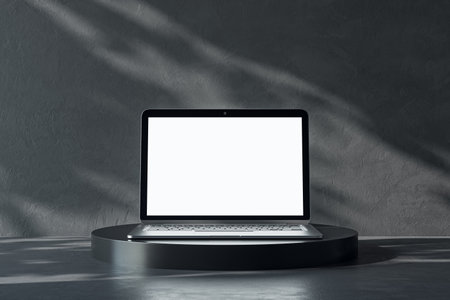 Front view on blank white modern laptop screen with place for your logo or text on dark glossy stand on abstract sunlit concrete background. 3D rendering, mock upの写真素材
