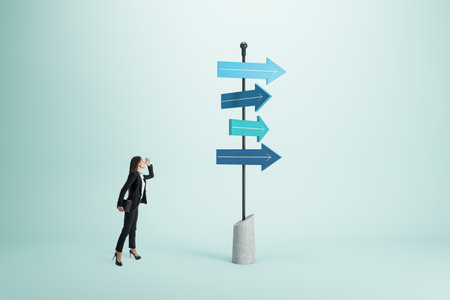 Businesswoman with arrows looking into the distance on blue background. Different direction and...