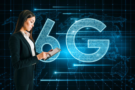 Side view of young businesswoman using tablet with glowing 6G hologram with map on blurry background. Wireless internet and web speed conceptの写真素材