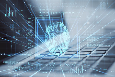Close up of laptop with glowing finger print hologram on blurry background. Digital ID and...