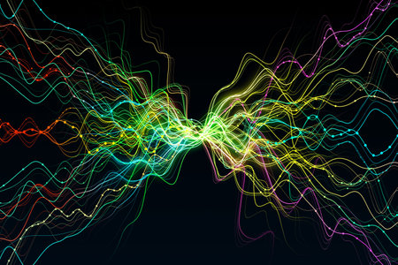 Creative colorful lines metaverse on black background. Digital world and cyberspace concept. 3D...