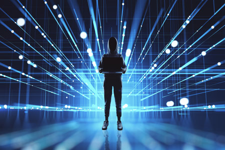 Man in hoodie standing on creative linear matrix hologram blurry background. Metaverse, vr and...