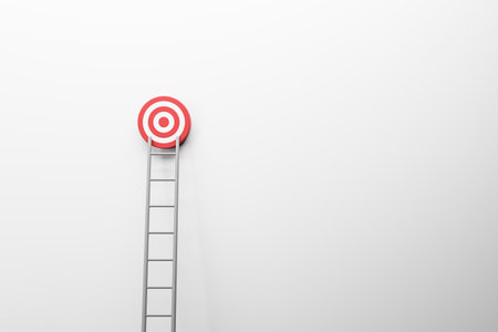 Ladder leading to target on white wall backdrop with mock up place. 3D Renderingの写真素材