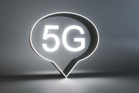 Modern 5G bubble on gray background. Fast internet speed and technology concept. 3D Renderingの写真素材