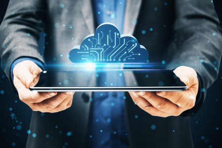 Close up of businessman hands holding tablet with abstract digital cloud circuit on blue background....