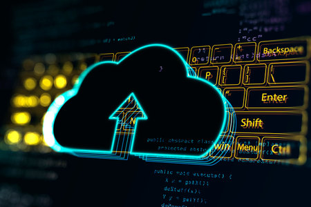 Cloud computing and storage, digital service concept with dark cloud symbol with arrow inside on...