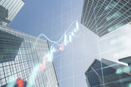 Creative glowing forex index chart/graph on toned dark city wallpaper. Trade, finance and market...
