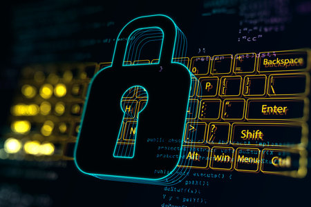 Personal data security and cyber protection concept with dark digital pad lock symbol with key hole...