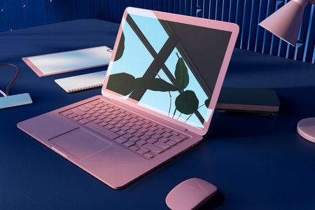 Perspective view on modern pink laptop screen with flowers shadow on dark work table with notebooks, mouse and stylish lamp on blue wall background. 3D renderingの写真素材