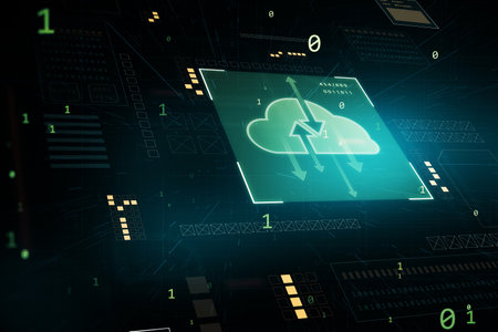 Glowing digital cloud computing hologram on blurry background. Cloud data, server, service and hosting concept. 3D rendering.の写真素材