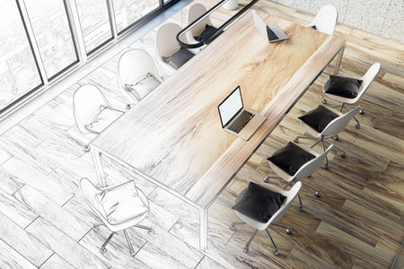 Top view sketch of modern tile conference room interior with wooden flooring, furniture, panoramic glass window with city view. Law and legal, workplace presentation concept. 3D Renderingの写真素材