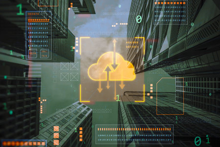 digital cloud computing hologram on blurry background. Cloud data, server, service and hosting...