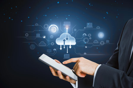 Close up of businessman hand pointin at digital cloud computing hologram on blurry background. Cloud...
