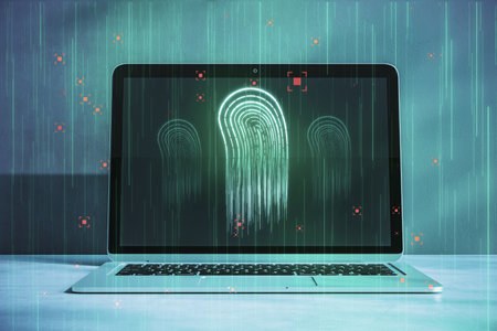Close up of laptop with abstract glowing fingerprint on screen. Forensics and ID concept. 3D Renderingの写真素材
