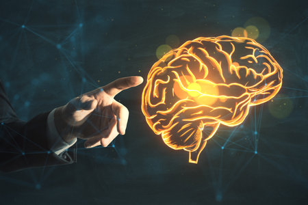 Artificial intelligence virtual emulation scientific technology concept with businessman finger on...