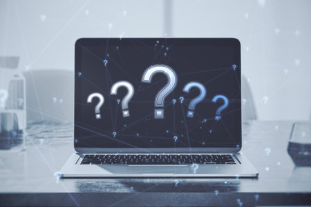 Education, ask symbol and problem concept with digital question marks on modern laptop on office table background, double exposureの写真素材