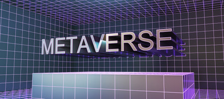 Creative geometric purple metaverse interior with purple tiles. Future and abstract world concept. 3D Renderingの写真素材