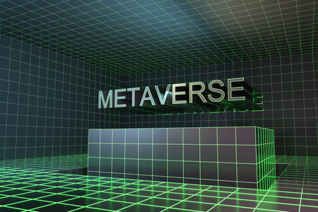 Abstract geometric green metaverse interior with purple tiles. Future and abstract world concept. 3D Renderingの写真素材