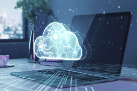 Close up of laptop computer with hologram. Glowing cloud hologram. Cloud computing technology...