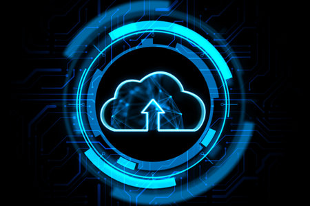 Cloud computing and modern business technology concept with digital blue cloud with arrow symbol in...