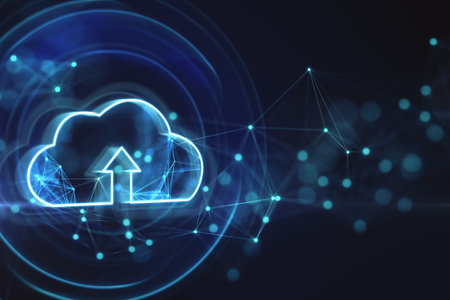 Cloud computing, data exchange concept with digital cloud symbol and arrow on dark background with...