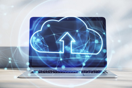 Online storage, cloud computing technology concept with front view on digital cloud symbol with...