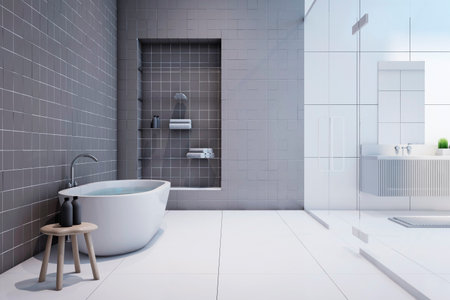 Modern white bath with wooden small table on light glossy floor and gray wall background with glass transparent partition and niche for bath accessories and towels. 3D renderingの写真素材