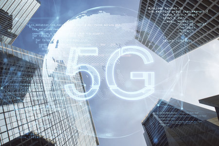 High speed internet connection and communication network concept with digital 5g icon and world map...