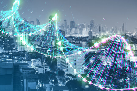 Double exposure of creative DNA hologram on city skyscrapers backdrop. Bio Engineering and DNA...