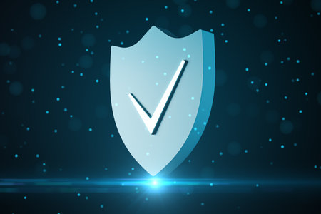 Data protection and information security concept with check mark on light blue shield on dark...