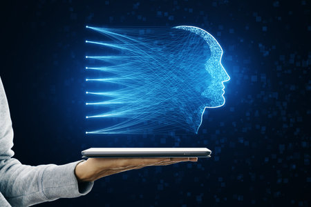 Close up of hand holding mobile phone with abstract digital head hologram with line connections on blurry dark background. Cyborg and virtual intelligence conceptの写真素材