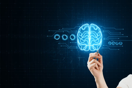 Close up of male hand with pen pointing at or selecting glowing brain hologram on blurry dark...