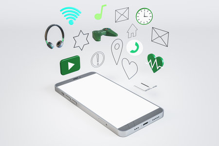Empty white mock up smartphone screen with media and lifestyle icons on white background. mock up place. 3D Renderingの写真素材