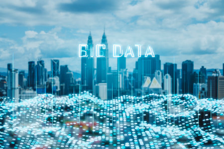 Creative big data city hologram. Technology and metaverse concept. double exposure