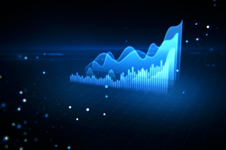 Economy and forex market growth concept with digital blue rising up financial chart diagram and graphs on abstract dark background with light dots. 3D renderingの写真素材