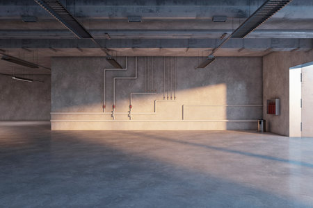 Front view on empty underground loft style hall good for car presentation with blank concrete floor...