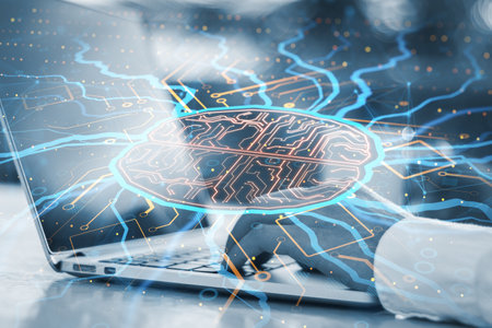 Close up of hands using laptop on desktop with creative circuit brain hologram on blurry background....