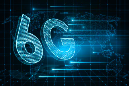 Wifi wireless internet connection and global network of high speed innovation data transfer speed technology concept with perspective view digital glowing 6g sign on world map background. 3D renderingの写真素材