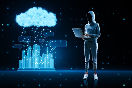 Hacker using laptop with glowing urban cloud and city communication hologram on blurry blue tech background. Smart city, hacking and IOT conceptの写真素材