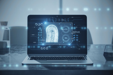 Close up of laptop on desk with creative finger print hologram on blurry background. fingerprint,...