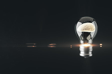 Abstract glass lamp with brain inside on black background with mock up place. Inventor concept. 3D...