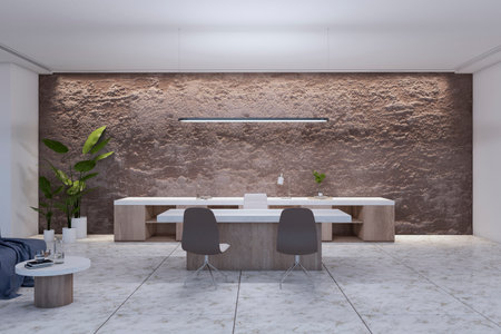 Contemporary light office interior with furniture and equipment. Workplace concept. 3D Renderingの写真素材