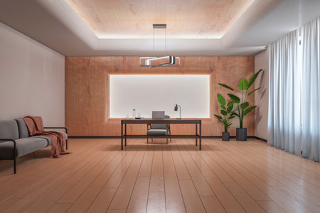 Modern light wooden office interior with furniture and equipment. Workplace concept. 3D Rendering