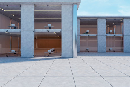 Simple concrete office building exterior on bright blue sky background. 3D Renderingの写真素材