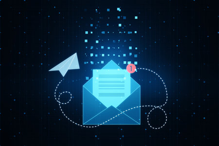 Mail, email and business communication concept with digital paper list in envelope with red...