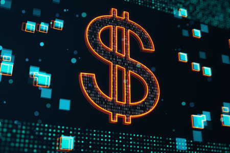 International currency and digital money concept with glowing dollar symbol covered by binary code on abstract dark technological background with blue pixels. 3D renderingの写真素材
