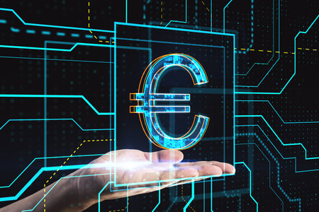 Close up of hand holding glowing circuit money hologram on dark background. Euro, crypto, online banking and finance conceptの写真素材